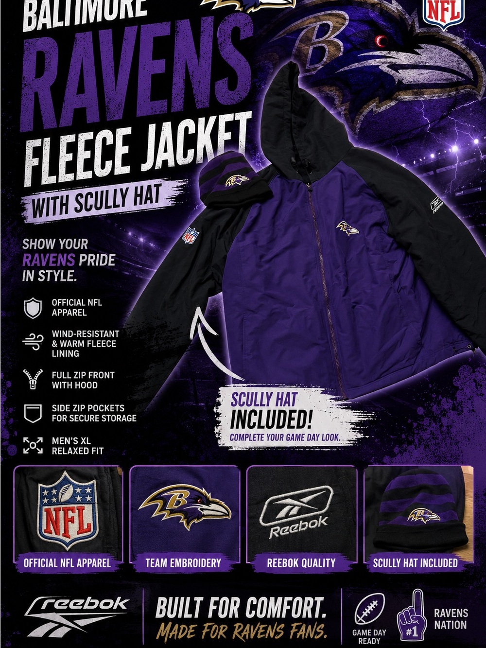 NFL APPAREL REEBOK MENS BALTIMORE RAVENS JACKET SIZE XL WITH HAT